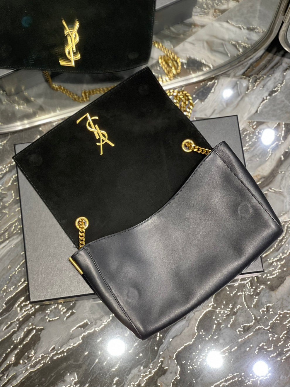 YSLTKate Medium Reversible Chain Bag Black In Suede With Gold Hardware For Women 11.2in/29cm
