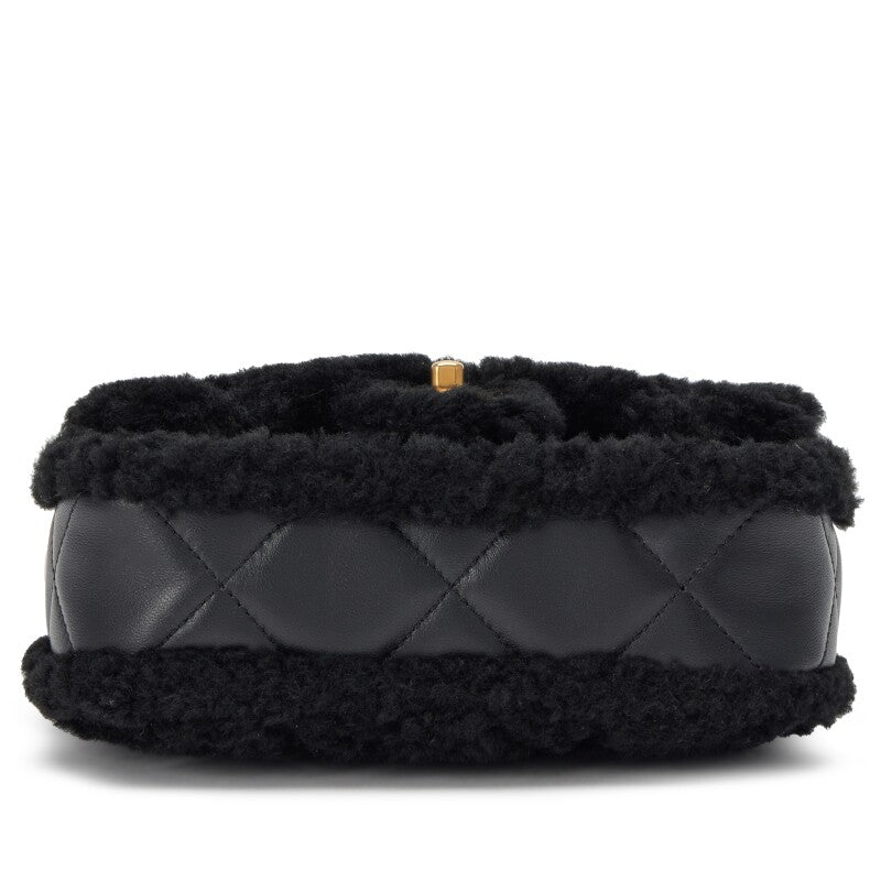 Cha Black Quilted Teddy Shearling and Black Quilted Lambskin Mini Flap Bag Brushed Gold Hardware