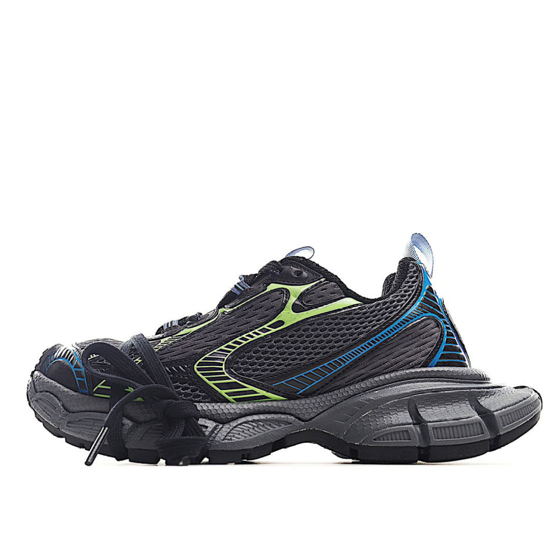 B*lenciaga 3XL dark grey, black, blue and green mesh, polyurethane and polyester
