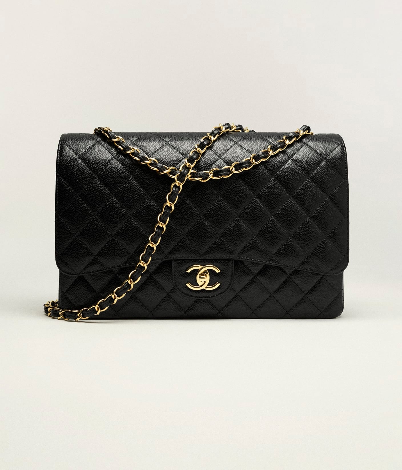 Cha Handbag Maxi Classic Grained Calfskin & Gold-Tone Metal Black