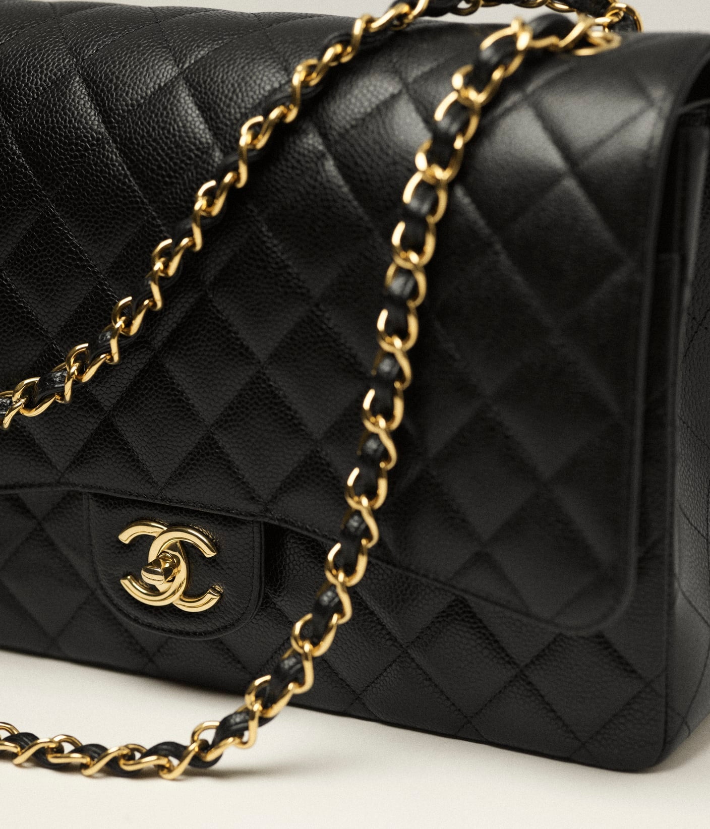 Cha Handbag Maxi Classic Grained Calfskin & Gold-Tone Metal Black