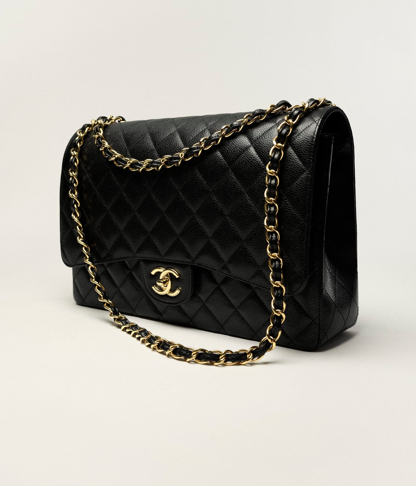 Cha Handbag Maxi Classic Grained Calfskin & Gold-Tone Metal Black