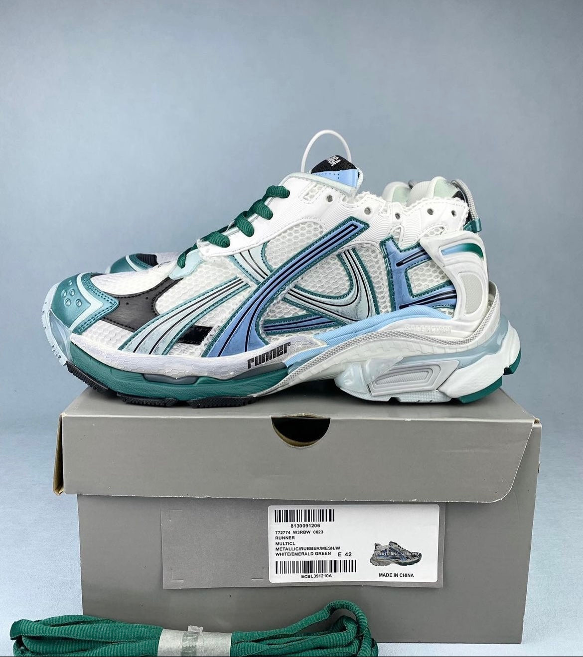 B*lenciaga runner white green blue