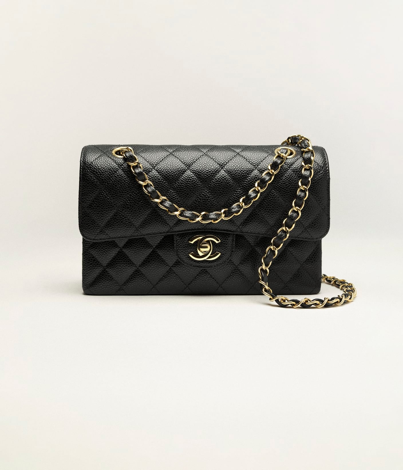 Cha Handbag Small Classic Grained Calfskin & Gold-Tone Metal Black