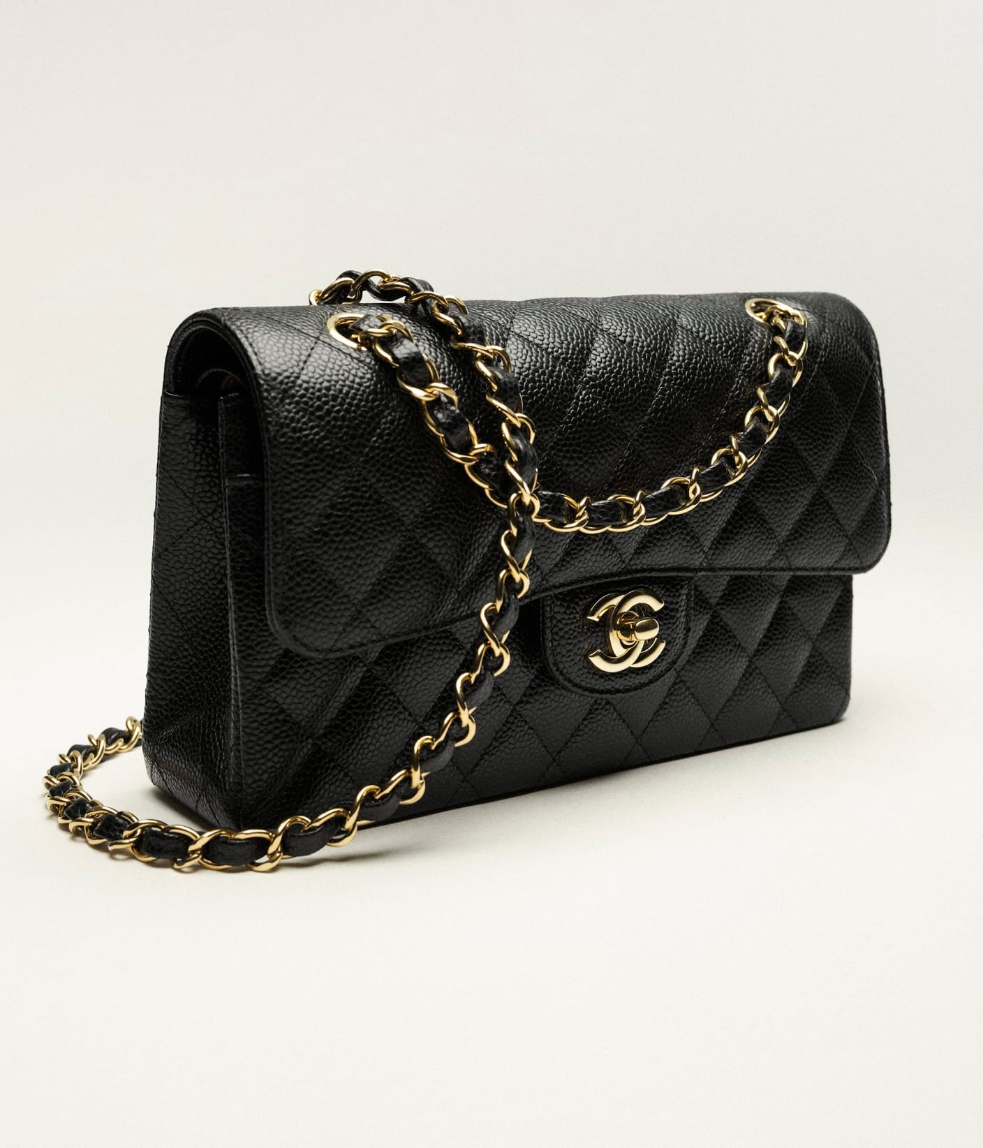 Cha Handbag Small Classic Grained Calfskin & Gold-Tone Metal Black