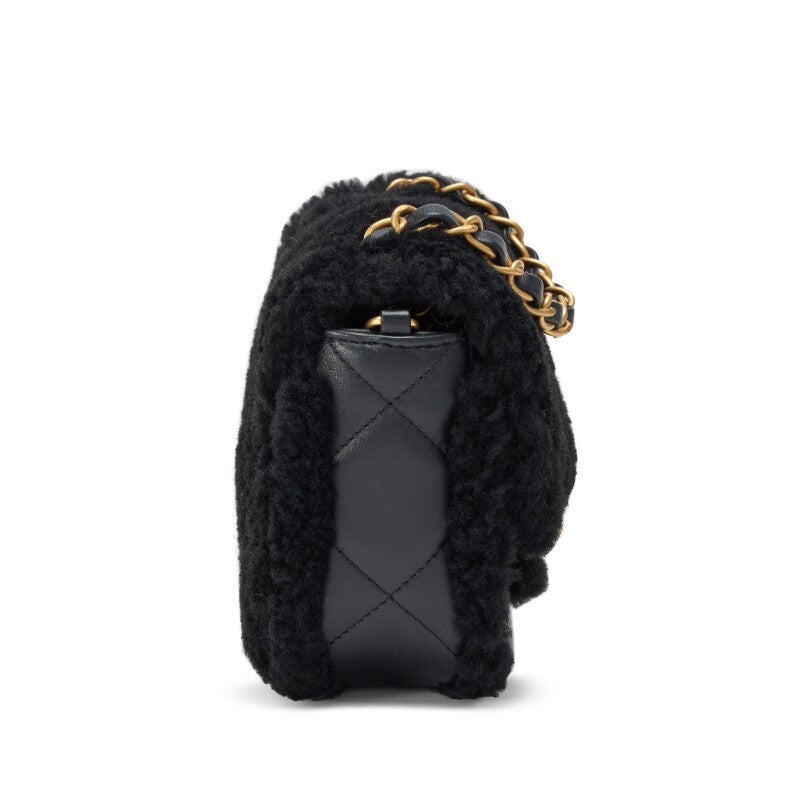 Cha Black Quilted Teddy Shearling and Black Quilted Lambskin Mini Flap Bag Brushed Gold Hardware