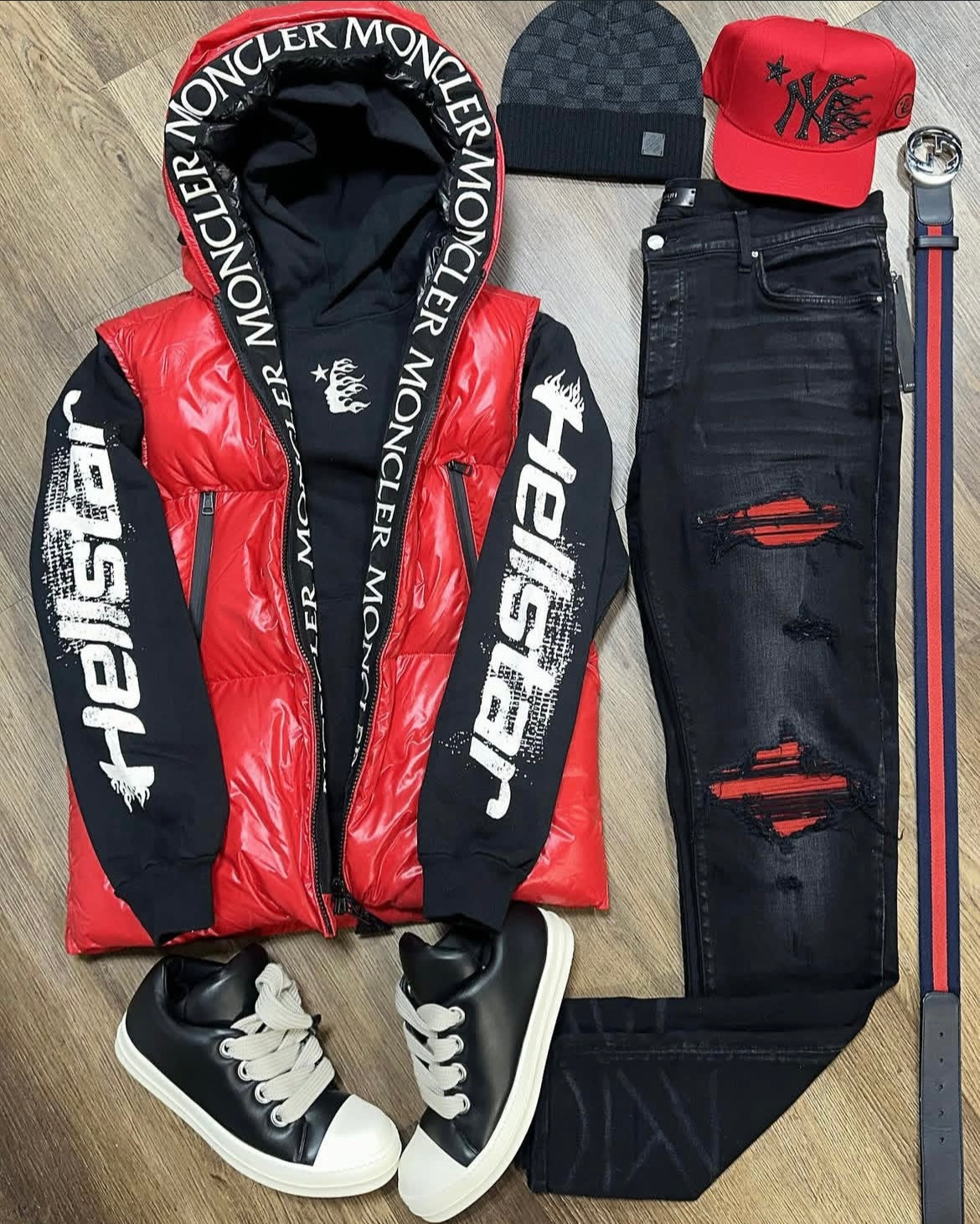 M*ncler gilet x Hellstar hoodie x Am*ri Jeans x R*ck Owens low top