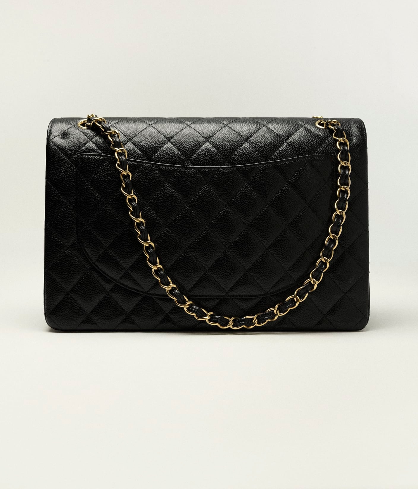 Cha Handbag Maxi Classic Grained Calfskin & Gold-Tone Metal Black