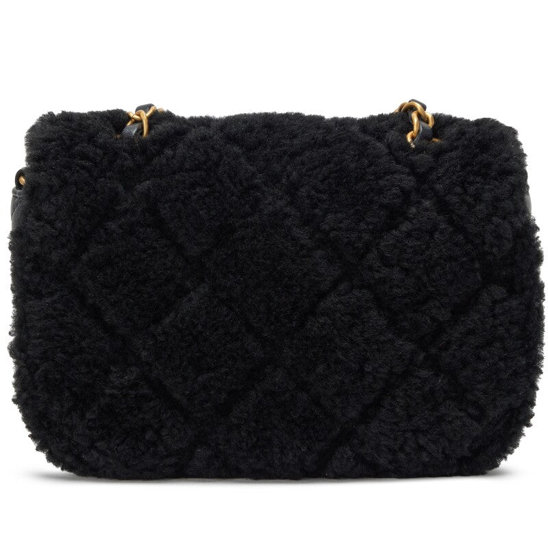 Cha Black Quilted Teddy Shearling and Black Quilted Lambskin Mini Flap Bag Brushed Gold Hardware