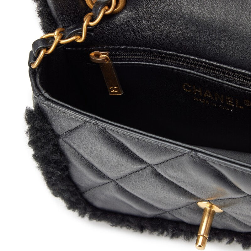 Cha Black Quilted Teddy Shearling and Black Quilted Lambskin Mini Flap Bag Brushed Gold Hardware