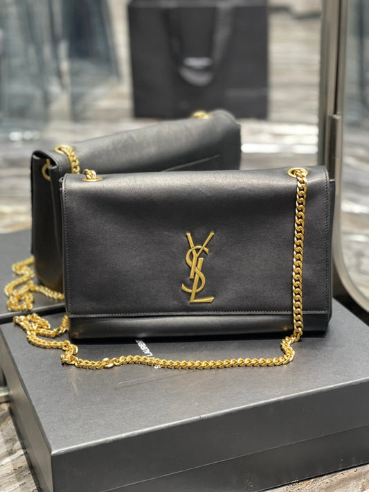 YSLTKate Medium Reversible Chain Bag Black In Suede With Gold Hardware For Women 11.2in/29cm