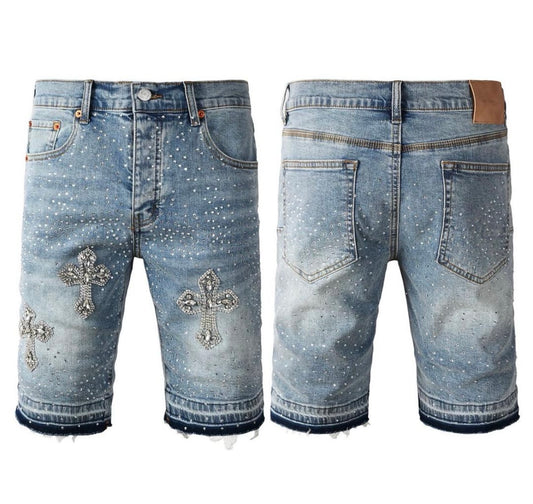 PURPLE BRAND  Shorts JEANS Rhinestone Cross Blue