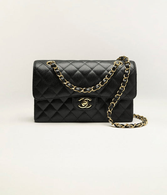 Cha Handbag Small Classic  Grained Calfskin & Gold-Tone Metal Black