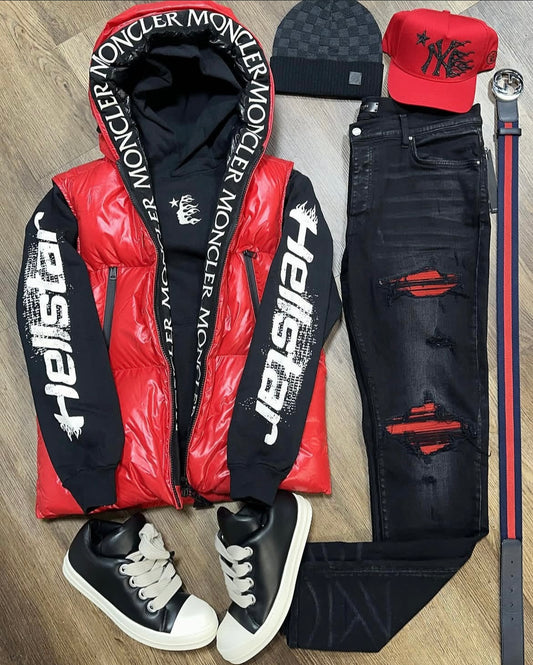M*ncler gilet x Hellstar hoodie x Am*ri Jeans x R*ck Owens low top