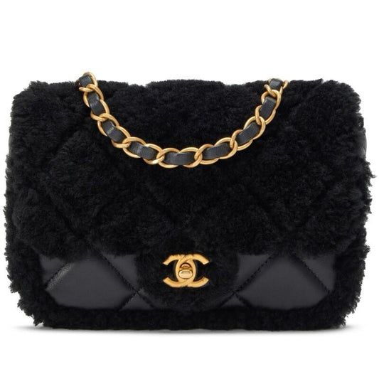 Cha Black Quilted Teddy Shearling and Black Quilted Lambskin Mini Flap Bag Brushed Gold Hardware